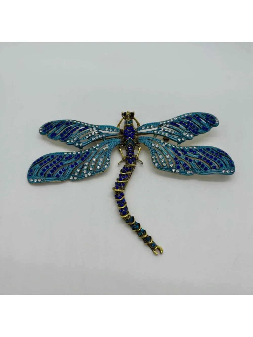Dragonfly Brooch Articulated Tail Blue Teal Rhinestones Statement 5 inch Insect